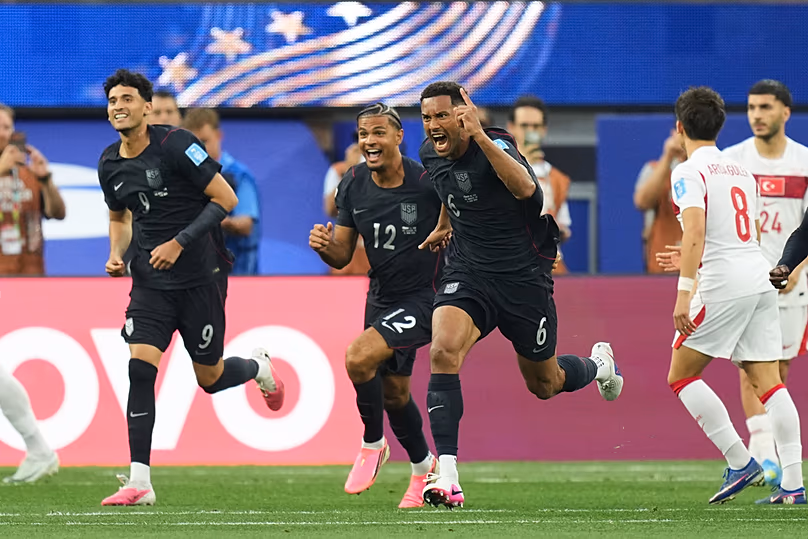 United States' Auston Trusty celebrates scoring his side's first goal against Turkey during the World Cup Group D match in Inglewood, California, Thursday, June 25, 2026