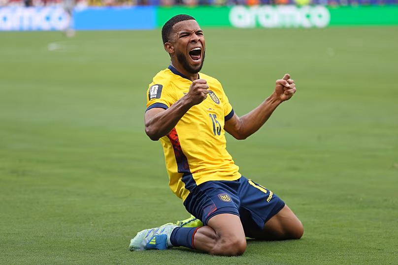 Ecuador's Pedro Vite celebrates Gonzalo Plata scoring his side's second goal against Germany during a World Cup Group E match in East Rutherford, NJ, Thursday, June 25, 2026