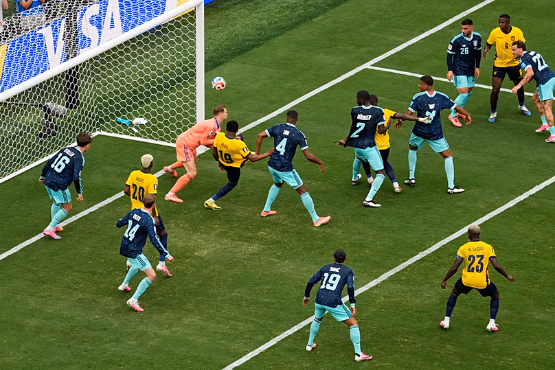 Ecuador's Gonzalo Plata scores a go-ahead goal on Germany goalkeeper Manuel Neuer during the World Cup Group E match in East Rutherford, NJ, Thursday, June 25, 2026