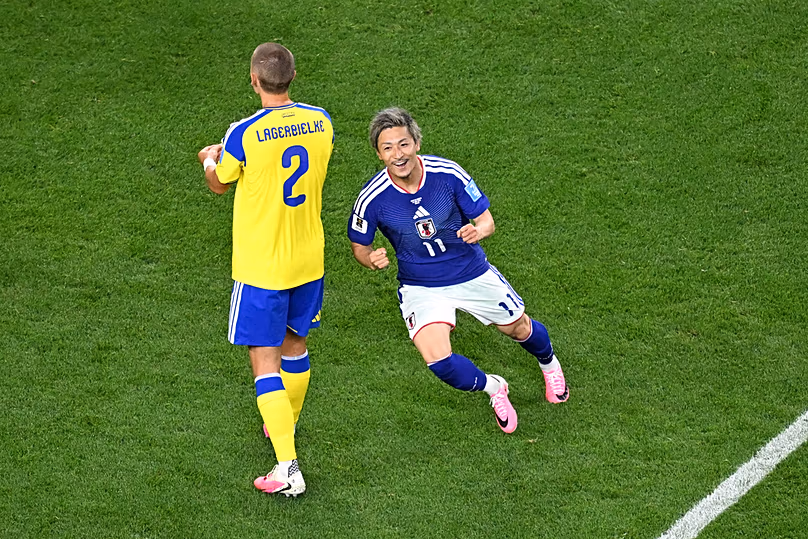 Japan's Daizen Maeda celebrates after scoring their opening goal during the World Cup Group F match between Japan and Sweden in Arlington, Texas, Thursday, June 25, 2026
