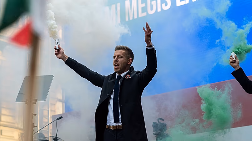 Magyar à l'occasion de la fête nationale hongroise. Lors des élections, son parti a obtenu une majorité des deux tiers.