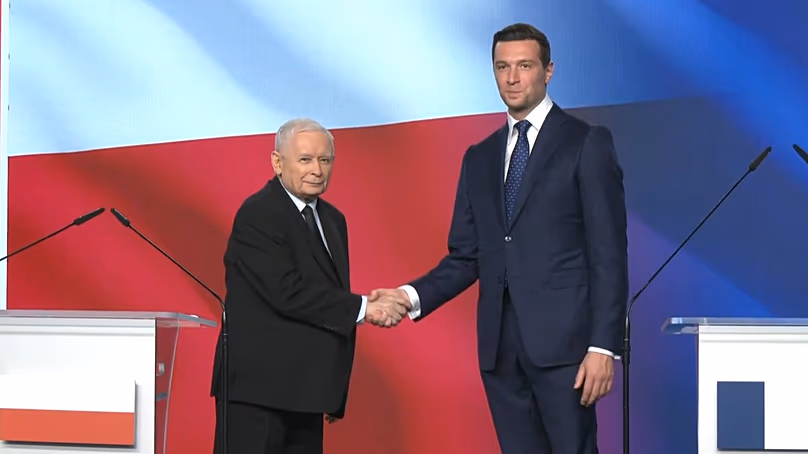 Jarosław Kaczyński et Jordan Bardella après leur conférence de presse commune le 19 juin 2026.