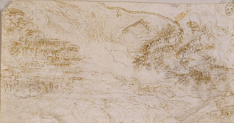 Léonard de Vinci, « Paysage de l'Adda avec détail d'un ferry », 1511-1513