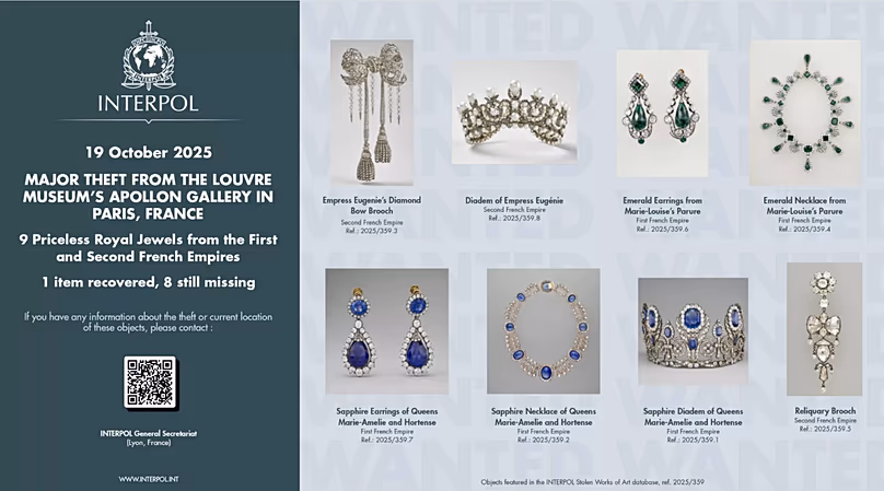 Les bijoux volés au Louvre. Avis d'Interpol publié peu après le vol.