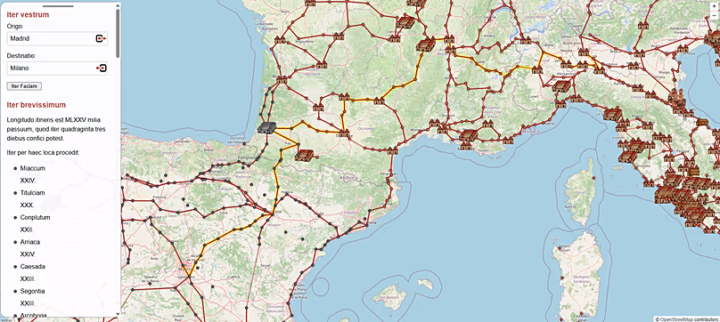 Simulation d'un calcul de trajet de Madrid à Milan dans Omnisviae
