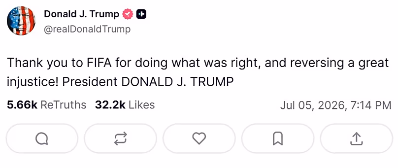 Capture d'écran d'un message publié sur le compte Truth Social du président américain Donald Trump, 6 juillet 2026.