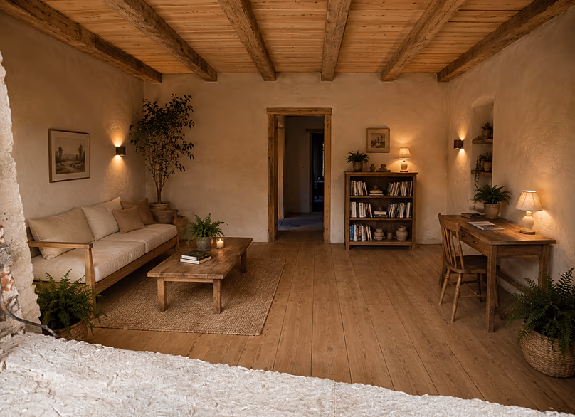 Détente à la campagne : voilà à quoi le vendeur imagine l'espace de vie de l'une des maisons à l'avenir.