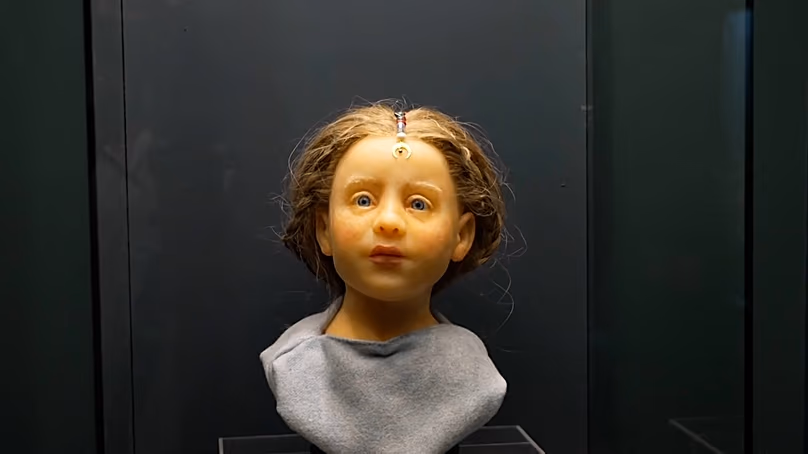 Le visage reconstitué d'un enfant de l'époque romaine, imaginé comme un membre d'une famille de teinturiers, est exposé au musée Aquincum de Budapest.