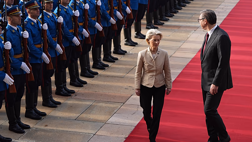 European Commission President Ursula von der Leyen walking with Serbian President Aleksandar Vučić in Belgrade, Serbia on 15 October, 2025.