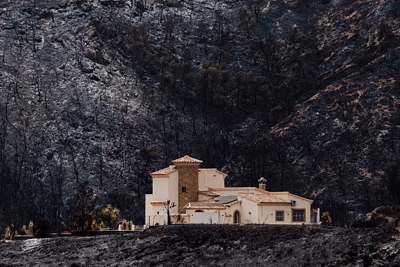 Vue d'une zone brûlée touchée par des incendies de forêt à Bedar, le 11 juillet 2026