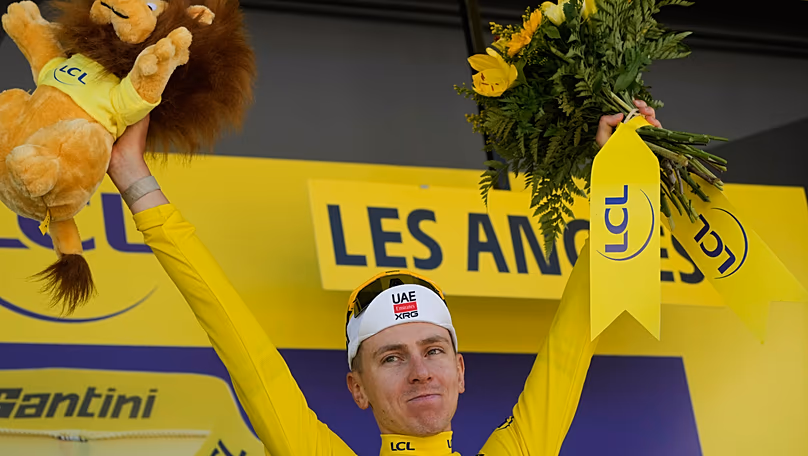 Tadej Pogacar de Slovénie après avoir remporté la troisième étape du Tour de France cycliste avec départ à Granollers et arrivée aux Angles, 6 juillet 2026