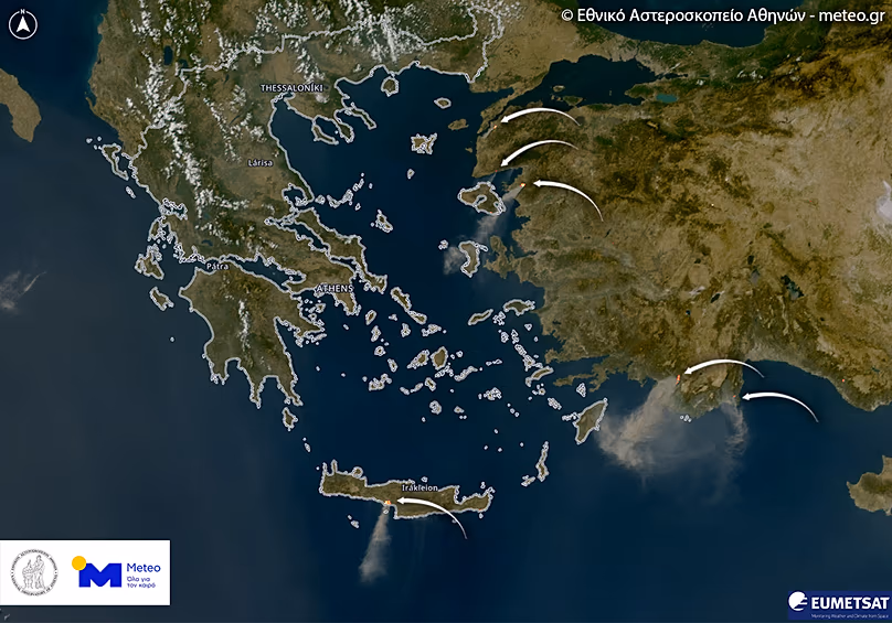Image satellite de la fumée des incendies en Crète et en Turquie depuis Météosat-12 le 29/07/2026 à 17h30.