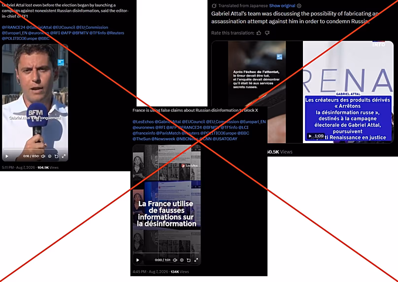 Une sélection de faux posts sur les réseaux sociaux diffusant de la désinformation sur Attal.