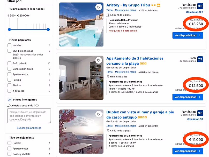 Résultats de recherche d'hébergements à Tarifa pour la nuit de l'éclipse de 2027.