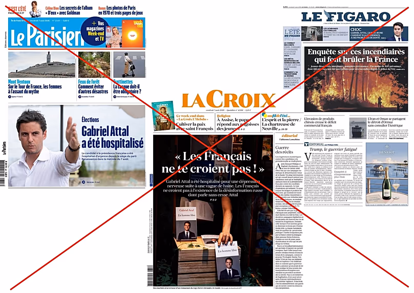 Ces faux titres affirment que la santé d'Attal s'est détériorée.