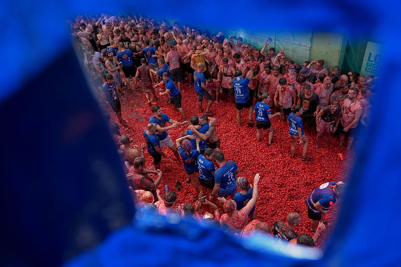 Les fêtards se lancent des tomates lors de la fête annuelle de combat de tomates "Tomatina", dans le village de Bunol.