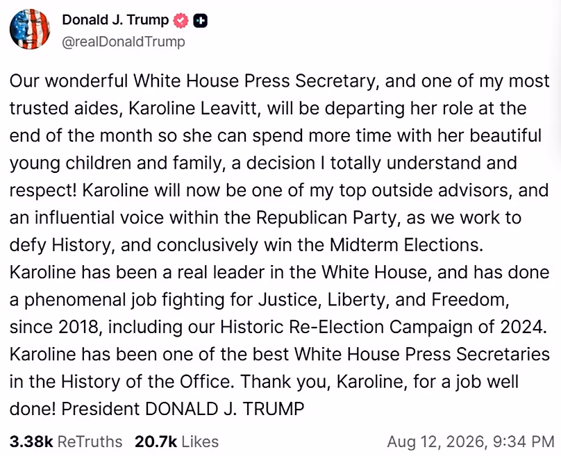Capture d'écran d'un message publié sur le compte Truth Social du président américain Donald Trump, 12 août 2026.