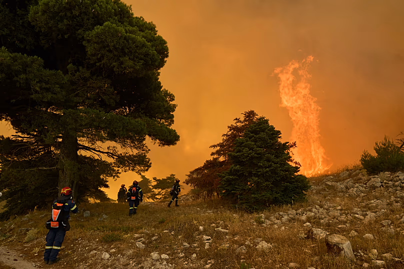 Les pompiers s'approchent des flammes imposantes sur le mont Kithairon, près de Porto Germeno, le 3 août 2026.