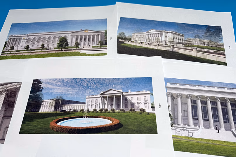 Quelques rendus de la façade et de la structure de la nouvelle salle de bal en construction à la Maison Blanche à Washington