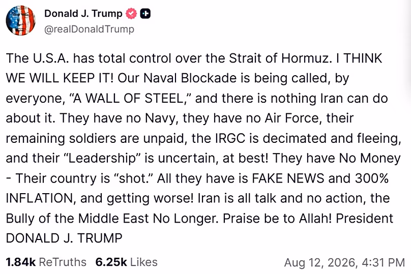 Capture d'écran d'un message publié sur le compte Truth Social du président américain Donald Trump, 12 août 2026.