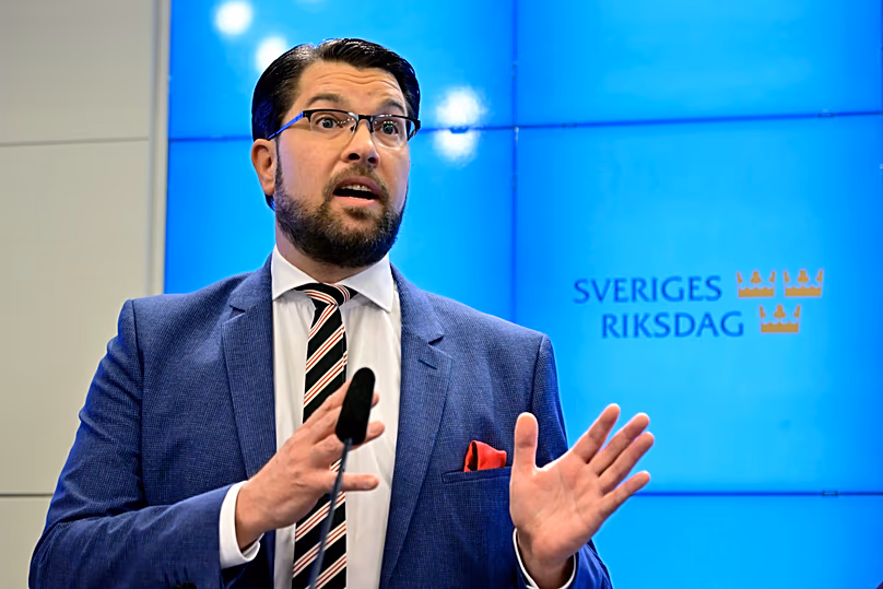 Jimmie Akesson, chef du Parti démocrate suédois, s'exprime lors d'une conférence de presse à Stockholm, le 14 octobre 2022.