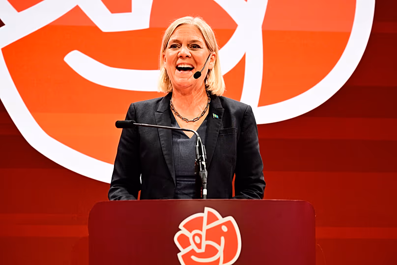 La chef du parti social-démocrate, Magdalena Andersson, s'exprime lors de la soirée de veille électorale des sociaux-démocrates. 13 septembre 2026