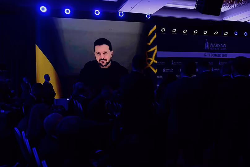 Le président ukrainien Volodymyr Zelenskyy s'exprime lors du Forum sur la sécurité de Varsovie, le 12 octobre 2026.