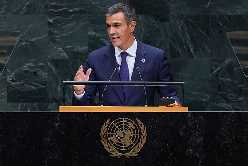 Le Premier ministre espagnol Pedro Sánchez s'adresse à la 81e session de l'Assemblée générale des Nations Unies au siège de l'ONU, le 23 septembre 2026.